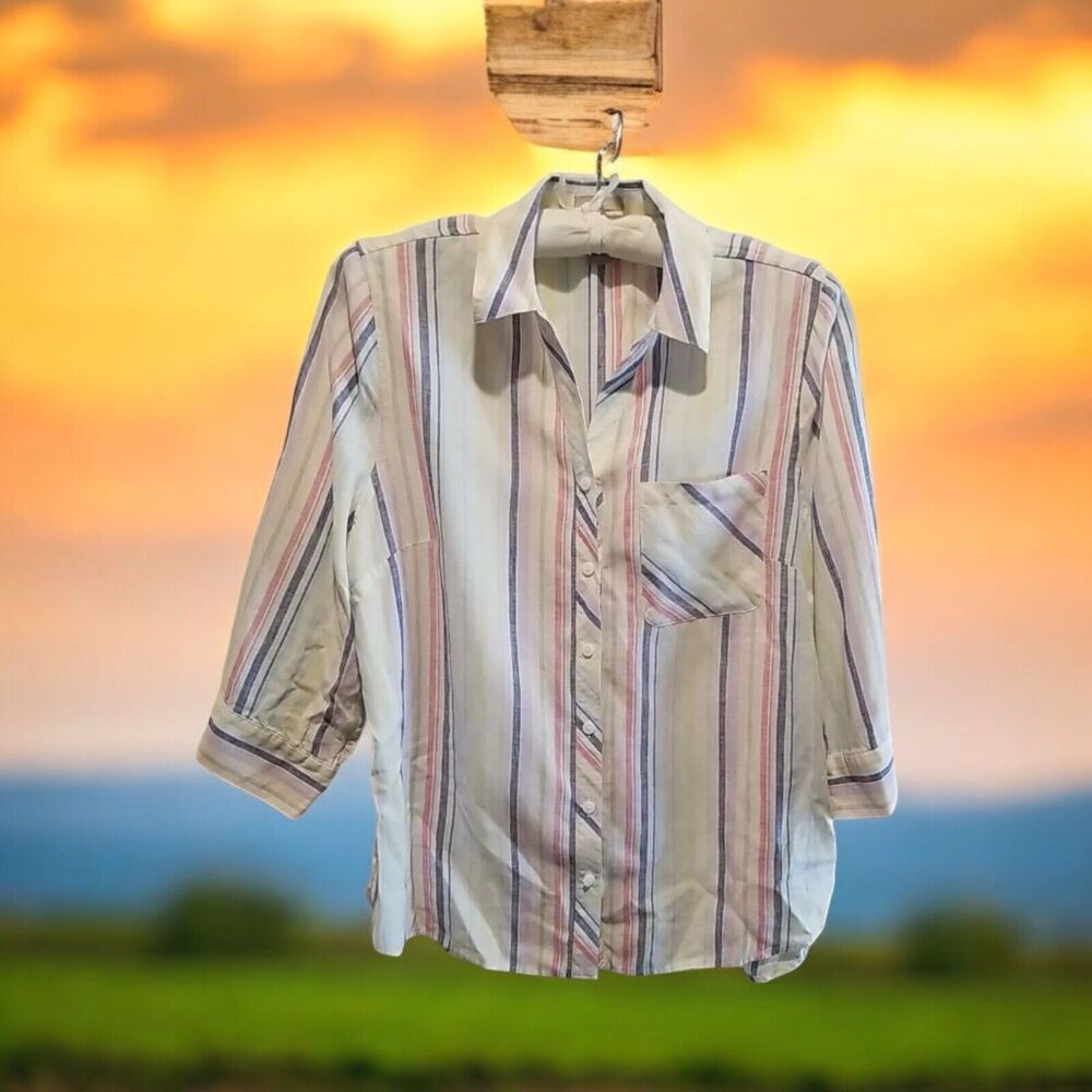 Chico's Women's Size 2 Large Multicolor Stripe Linen No Iron Button Down Shirt